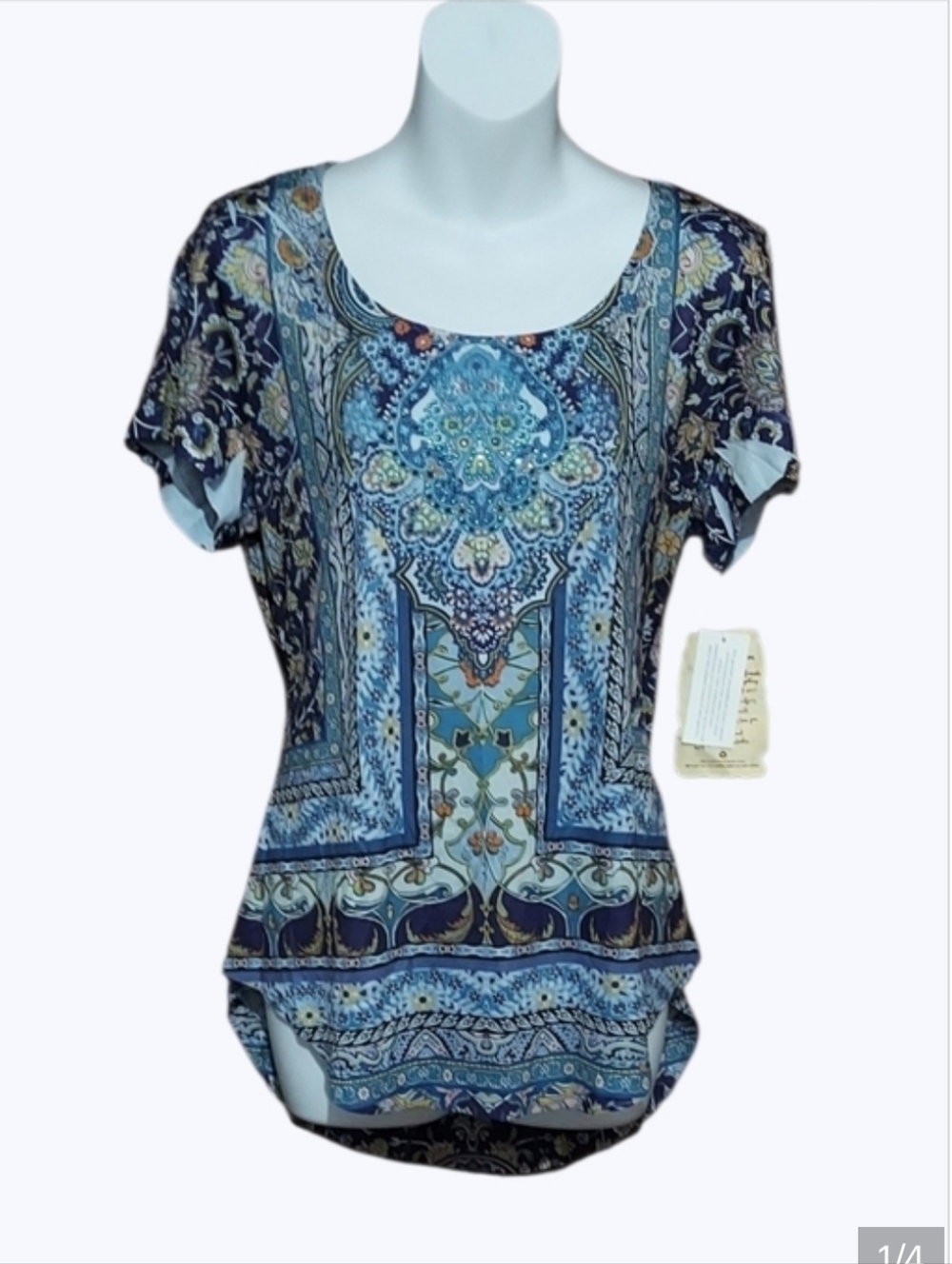 NWT ONE WORLD Blue Paisley Print Short Sleeve Tee sz Medium - Picture 5 of 5